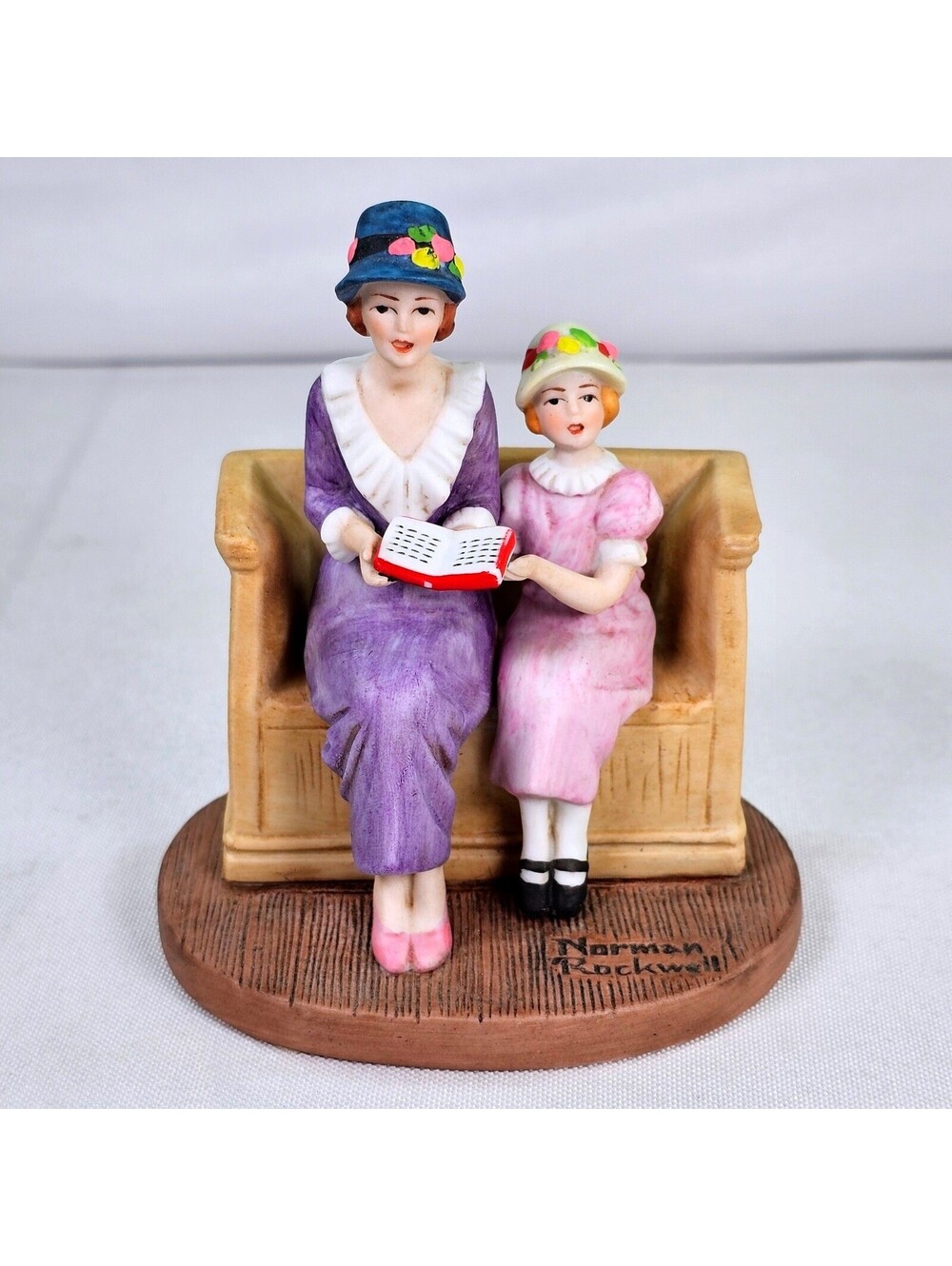Norman Rockwell Figurine Girls Reading on Bench Ceramic Hand Painted Americana